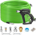 Tool Daily Sewer Jetter Kit for Pressure Washer 200 FT, Short Power Washer Gun, Drain Cleaner Hose 1/4 Inch NPT, Corner, Rotating and Button Nose Sewer Jet Nozzle, 3600 PSI