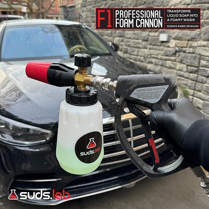 Suds Lab F1 Professional Foam Cannon with 32 Ounce Canister, Adjustable Foam Nozzle, Quick Connect Pressure Washer, Clean Dirt, Car Washing
