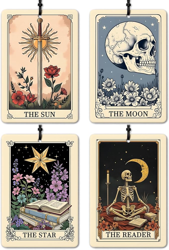 Witchy Gothic Car Air Freshener 4 Pcs, Vintage Boho the Sun Moon Star Reader Tarot Card Hanging Air Freshener for Closet Drawer Books, Goth Skull Skeleton Car Accessories Mirror Decor for Women
