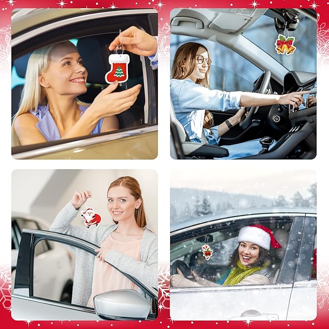 Tallew 24 Pcs Christmas Air Fresheners Bulk Snowflake Candy Cane Snowman Deer Christmas Scented Ornaments Xmas Scented Hanging Ornament for Car Rearview Mirror Accessories
