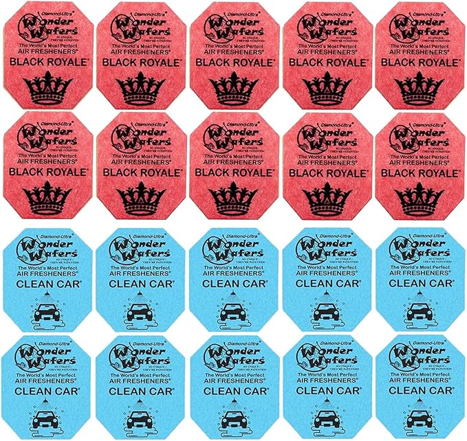20 pack of Wonder Wafer Car Air Freshener: Individually Wrapped - 10 Black Royale, 10 Clean Car, 2 scents