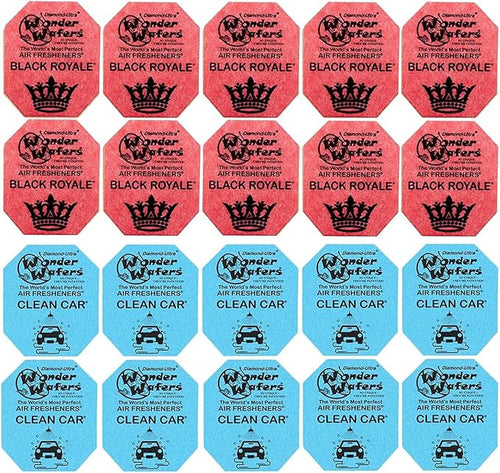 20 pack of Wonder Wafer Car Air Freshener: Individually Wrapped - 10 Black Royale, 10 Clean Car, 2 scents