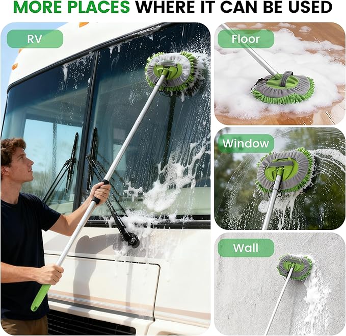 Car Wash Brush with Long Handle, 60'' Car Wash Mop, 7Pcs Chenille Microfiber Cars Washing Kit with Window Squeegee/Microfiber Towels /Wheel Brush for Cars RV Truck Boat Floor Window, Green