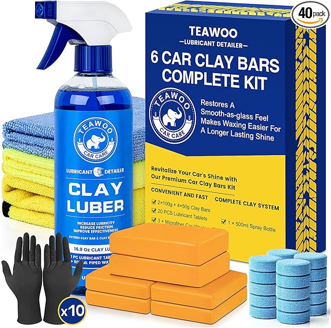 Clay Bars Kit, 6 Clay Bars & 20 PCS Lubricant Tablets, Complete Car Detailing Kit, Spray Bottle, Disposable Gloves and Microfiber Towels for Car Detailing Cleaning