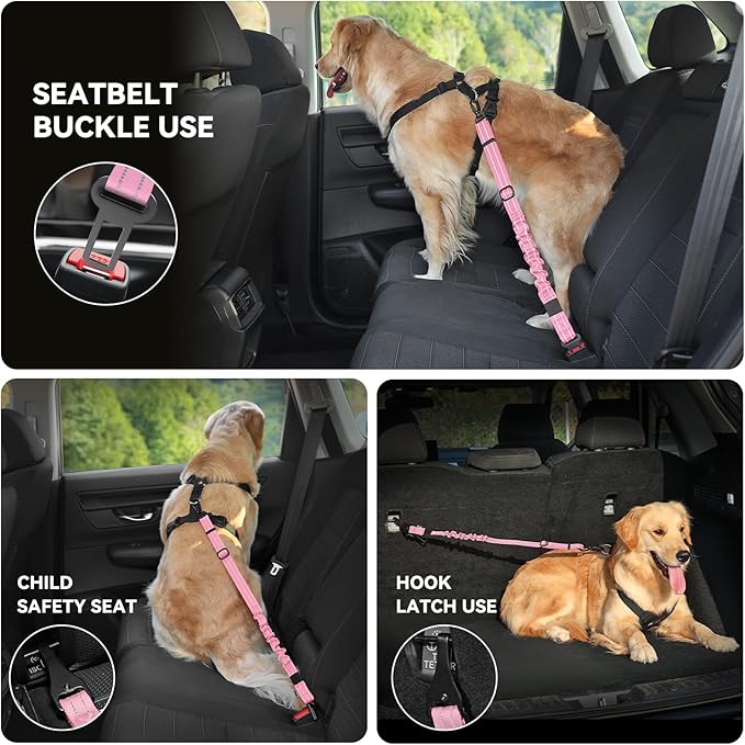 Pawaboo Dog Seat Belt Harness for Car, Dog Car Harness Seatbelt with Double Clips, Adjustable Breathable Pet Vest & Dogs Safety Tether with Elastic Bungee for Small Medium Large Pet, S, Pink + Black