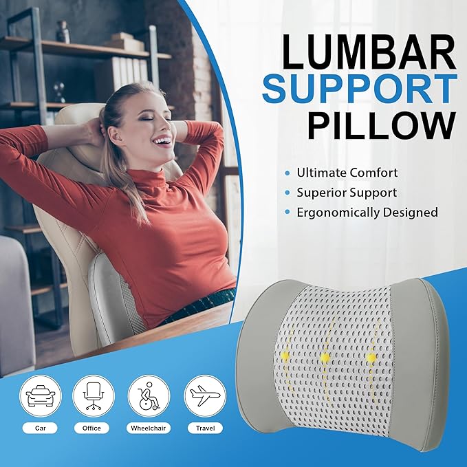 Memory Foam Lumbar Support Cushion Relieves Lower Back Pain for Car, Office Chair, and Wheelchair Use, 4D Mesh Cover, Gray