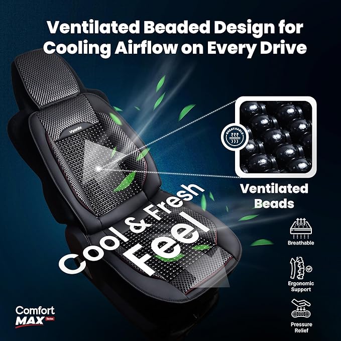 Beaded Car Seat Cover – Wooden Bead Massage Support with Breathable Cooling Mesh – Universal Fit for Sedan, SUV & Truck (2 Pack, Royal Black)