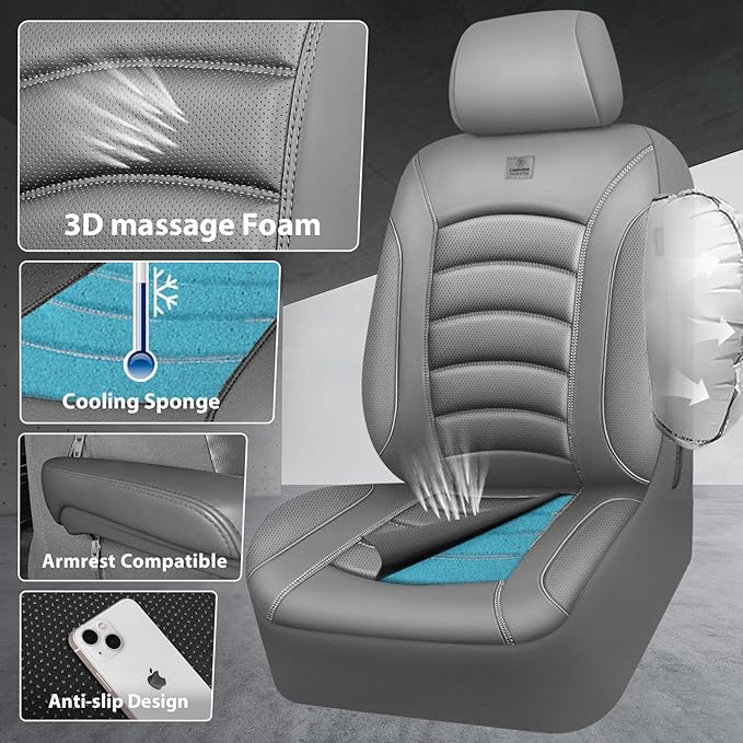 CAR PASS 3D Foam PU Leather Car Seat Covers, Universal Seat Covers Front 2 for Trucks SUV Sedan Automotive Seat Covers Armrest Airbag Compatible Waterproof Comfortable Faux Nappa Leather All Gray