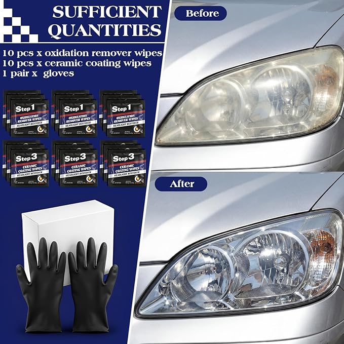 Demissle 21 Pcs Headlight Restoration Kit Includes 10 Remover Wipes 10 Coating Wipes 1 Glove Headlights Cleaner Kit for Restores Clarity Removes Yellowing Oxidation Cars Trucks Motorcycles