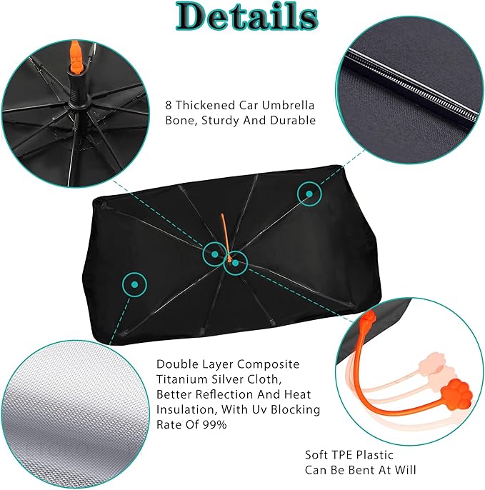 Socira American Flag Car Windshield Sunshade Umbrella Foldable Black Umbrella Sun Shade Cover Patriotic Sunshade Front Window Cover Interior Blocks Uv Rays Keeps Cool (57" X 30")