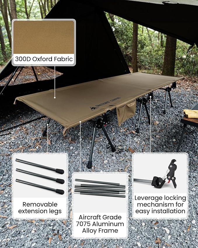 ONETIGRIS SUPRANUBIS Camping Cot, Height Adjustable with Cot Leg Extenders, Strong Support 330lbs, Lightweight Comfortable Folding Bed for Camping, Hiking, Travel, Truck, Beach, Office Nap