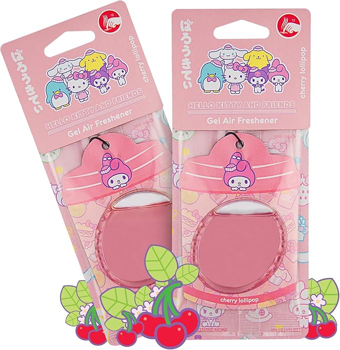 Hello Kitty and Friends Car Air Freshener (My Melody - Cherry Lollipop) Hanging Gel Area Deodorizer, Long-Lasting Car Scents Air Freshener, Cute Automotive Sanrio Accessories Decor, 2-Pack
