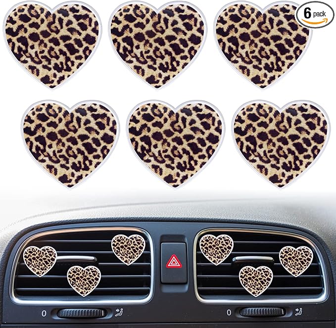 6 Pcs Heart Air Vent Clips, Leopard Print Heart Car Air Fresheners Vent Clips Long Lasting Car Diffuser Vent Clip Interior Decor Charm Decoration Cute Accessories for Women Girls