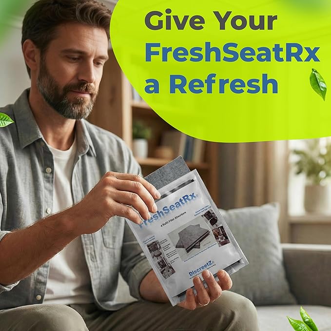 FreshSeatRx 4-Refill Filters fit FS-4 enclosures. Activated Charcoal, Chemical Warfare Design High Absorbency-CWDHA Activated Carbon Filter Pads. Reusable, Reset with Low Heat for Weeks of use. FR-4