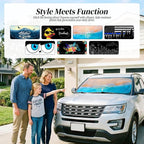63"x28.5" Car Windshield Sun Shade with Storage Pouch, Stylish Printed Front Window Sunshade with Double Ring Frame, Universal Fit Foldable Heat Blocker & UV Protector for SUV, Sedan (Beach)