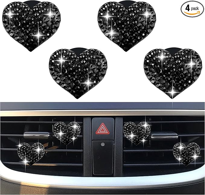 4PCS Heart-Shaped Car Vent Clips with Rhinestone,Bling Air Vent Clips Car Decorations,Premium Shiny Car Clips for Vents Accessories Interior (Black)