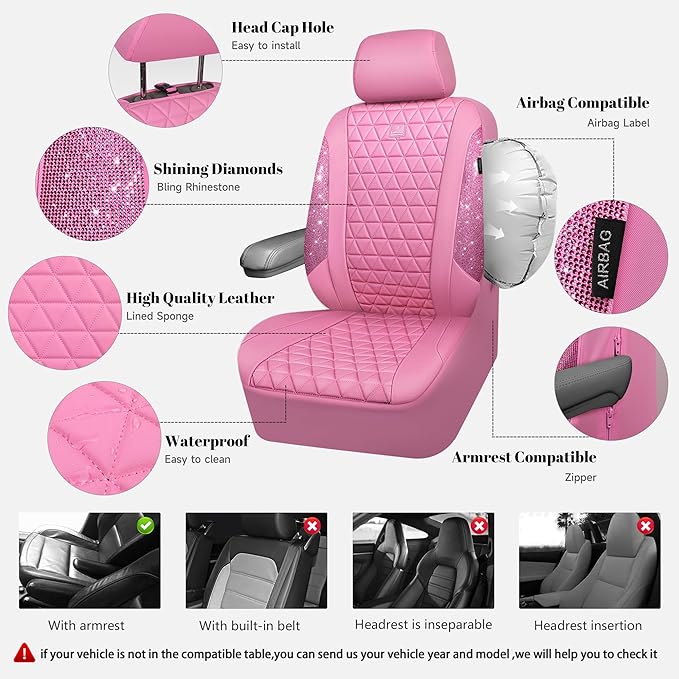 CAR PASS Bling Diamond Pink Leather Car Seat Covers Full Sets Interior Sets, Waterproof Shining Glitter Sparkly Crystal Universal Armrest Fit for Automotive Truck SUV Cute Women Girl, Pink Rhinestone