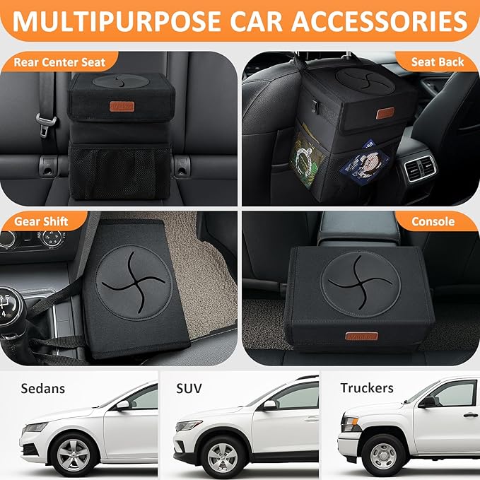 Car Trash Can Bin with Lid Hanging for Back Seat, Car Accessories for Women Men Leak Proof Automotive Garbage Cans Leakproof Vehicle Trash Can for Truck SUV Black