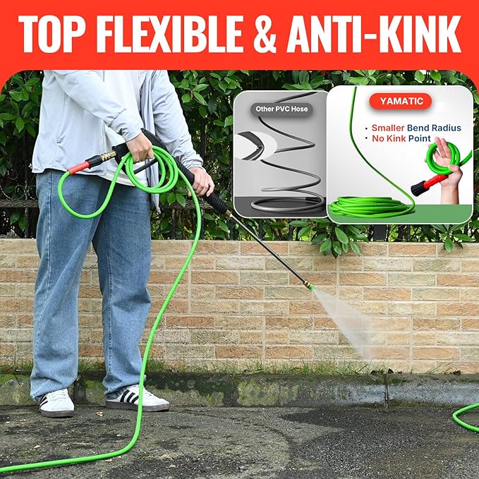 YAMATIC Pressure Washer Gun and Hose, 50 FT Flexible Hose with Stainless Steel Extension Power Washer Wand, 3/8" Swivel Quick Connect & M22-14mm Adapter Replacement for Ryobi Simpson Honda (Green)