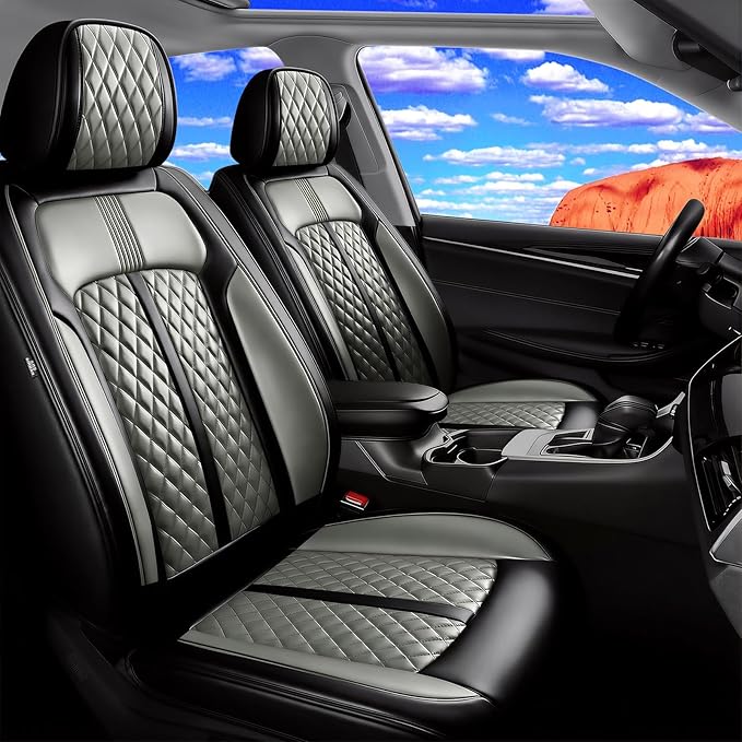 Fit Accord Car Seat Covers for Select Honda Accord 2012-2026, Luxury Full Coverage Leather, Airbag Compatible, Waterproof & All Weather Seat Protector, Front Pair Black+Gray