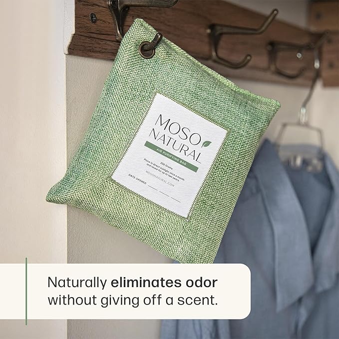 Moso Natural Air Purifying Bag 200g (3 Pack). A Scent Free Odor Eliminator for Cars, Closets, Bathrooms, Pet Areas. Premium Moso Bamboo Charcoal Odor Absorber. Two Year Lifespan! (Green)