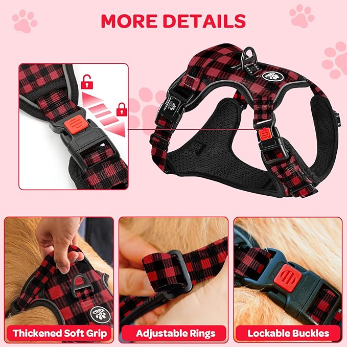 FURRYFECTION Plaid Dog Harness for Medium Dogs, Reflective No Pull Adjustable Pet Vest with Front Clip, Leash, Easy Control Handle and Seat Belt, Red&Black, M