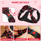 FURRYFECTION Plaid Dog Harness for Large Dogs, Reflective No Pull Adjustable Pet Vest with Front Clip, Leash, Easy Control Handle and Seat Belt, Red&Black, L