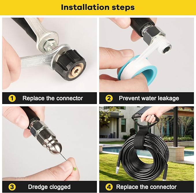 Pressure Washer Drain Jetter – Sewer Jetter Kit for Pressure Washer 150ft 1/4 Inch NPT Hose Nozzles and Adapter 5800PSI Clears Clogs in Pipes & Sewer Lines