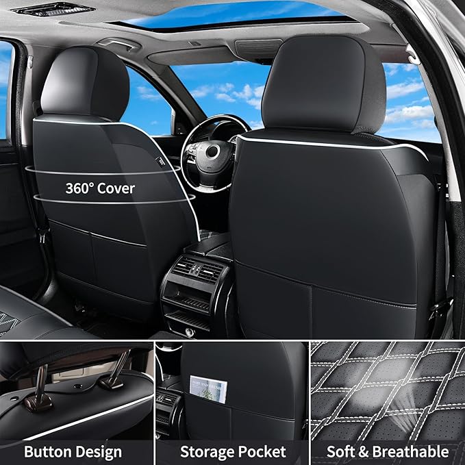 Huidasource Seat Covers Custom Fit for Toyota Tacoma 2016-2023 2022 2021, Full Coverage Leather Seat Cover for Double/Crew Cab SR, SR5, Limited, TRD Pro,TRD Sport,TRD Off-Road(Full Set/Black&White)