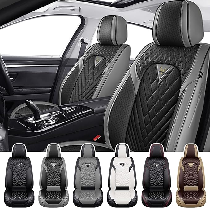 Truck Seat Covers for GMC Sierra 1500 2007-2026, Waterproof Premium Leather Full Coverage Car Seat Cover, Muscle Sport Style Auto Interior Seat Cover Sets (Front Set/Gray Black)