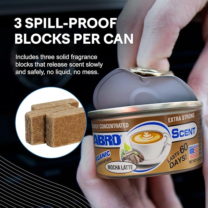 ABRO Car Air Fresheners: Canned, Spill Proof Airfreshener for Home, Office, or Car Accessories Interior, Lasts Up to 60 Days - 3Pack Mocha Latte Scent