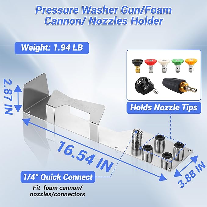 Pressure Washer Gun Holder, Power Washer Snow Foam Lance Holder Tool Organizer, Wall Mounted Nozzle Tips and Foam Cannon Kit Storage Rack of Car Wash Accessories, 1/4" Quick Connect