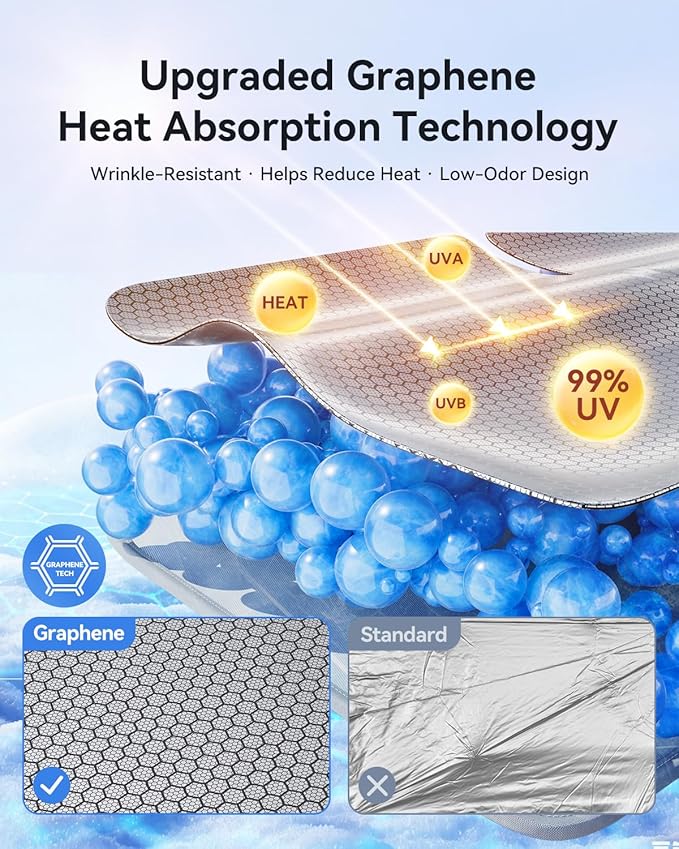 helloleiboo Graphene Car Windshield Sun Shade Car Sun Shade for Windshield with Heat Absorption Coating Foldable Design with UV Protection to Keep Your Car Interior Cooler Silver (Large-61 × 32 in)