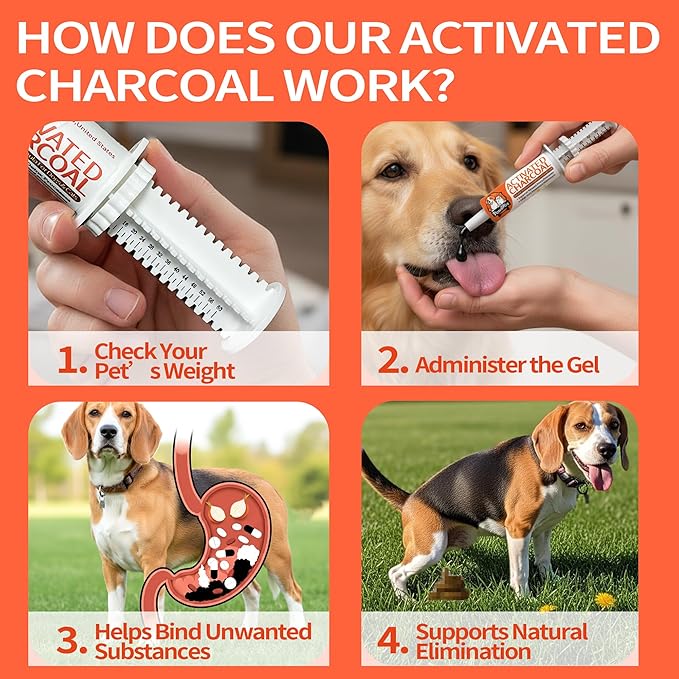 Activated Charcoal First Aid Kit -Emergency Support for Dogs, Cats & Puppies, Natural Charcoal Formula for Digestive Balance, Camping & Home Essential Oral Anti Diarrhea Digestive (60ml 2Tubes)