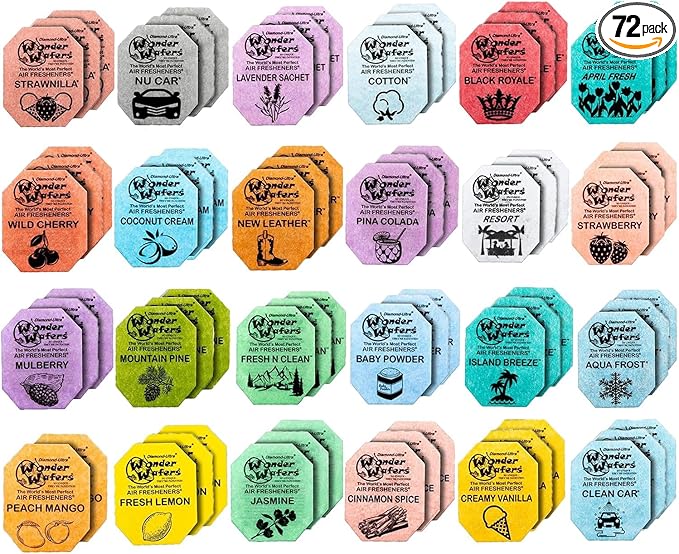 Wonder Wafers Car Air Freshener Wafers Variety Pack of 72 - Individually Wrapped Air Fresheners - 24 Scents Car Fresheners (72 Pack 24 Scents)