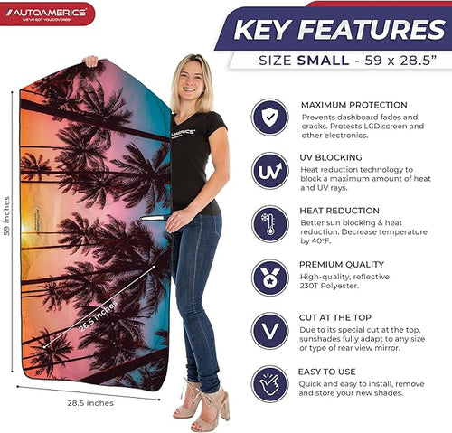 1-Piece Windshield Sun Shade - Foldable Car Front Window Sunshade for Cars SUV Truck Heat Blocker Visor Protector Blocks Max UV Rays and Keeps Your Vehicle Cool (Small = 59 x 28.5 inches, Palm Trees)