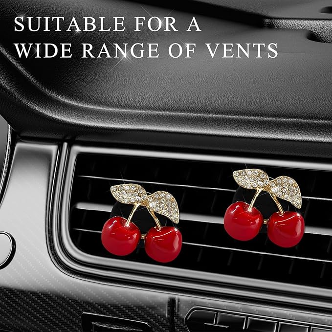 4PCS Cherry Car Air Vent Freshener Perfume Clip, Rhinestone Vehicle A/C Outlet Clips Bling Charm with Scented Pads, Sparkly Diamond Vent Clamp Cute Cherry Decoration for Women