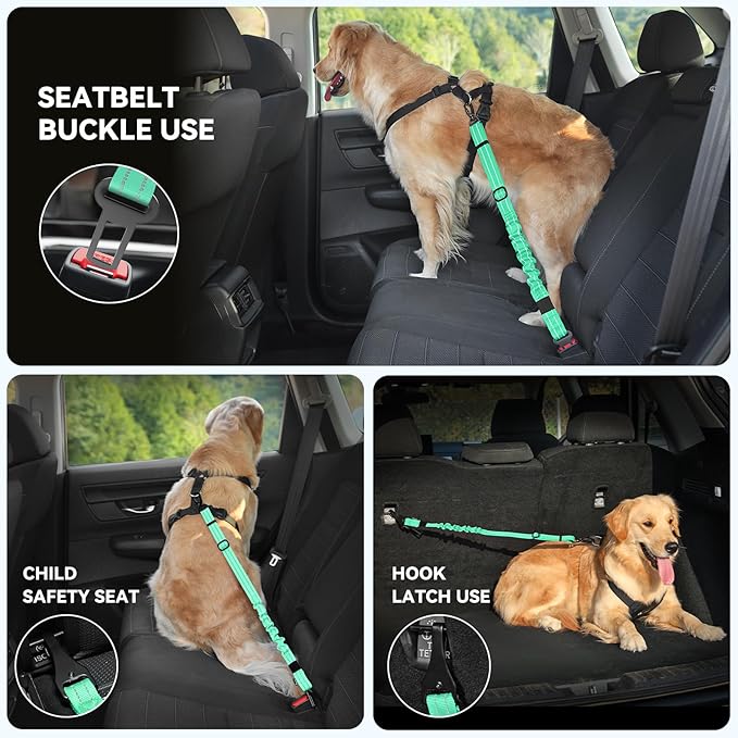 Pawaboo Dog Seat Belt Harness for Car, Dog Car Harness Seatbelt with Double Clips, Adjustable Breathable Pet Vest & Dogs Safety Tether with Elastic Bungee for Small Medium Large Pet, L, Blue + Black