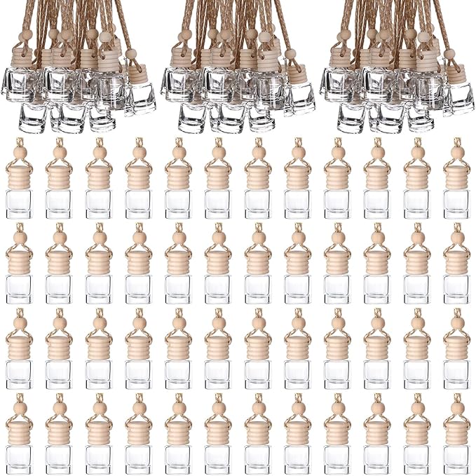 210Pcs 8ml Hanging Car Air Freshener Diffuser Cylindrical Empty Clear Glass Essential Diffuser Oil Aromatherapy Fragrance Perfume Pendant Glass Vial with Wooden Caps Hanging String Car Diffuser Bottle