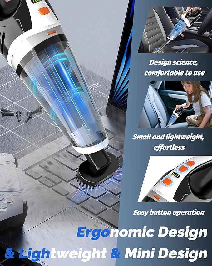 BRL Handheld Vacuum Cordless, Car Vacuum Cleaner with Powerful Suction, 2 Modes Mini Hand Vacuum, Dry & Wet, LED Light, Portable Vacuum for Car Pet Hair, Home, Office, Keyboards Black Orange