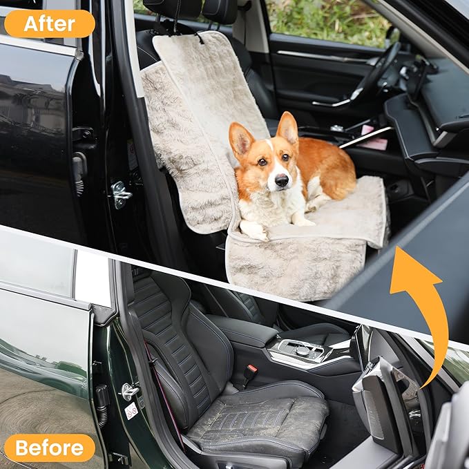 Dog Car Seat Cover for Back Seat & Front Seat, Plush Faux Fur Pet Car Seat Protector with Waterproof Layer, Non-Slip Bottom, Side Flaps, Machine Washable (Front Seat Beige)