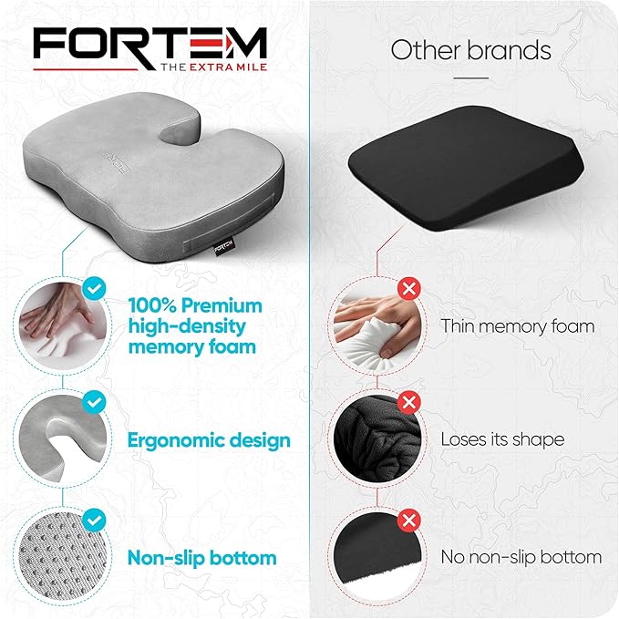 FORTEM Seat Cushion, Office Chair Cushion, Desk Chair Memory Foam, Sciatica Coccyx Tailbone Pain Relief, Pressure Relief, Sitting Pad, for Long Gaming & Sitting, Washable Cover, Non Slip, XL