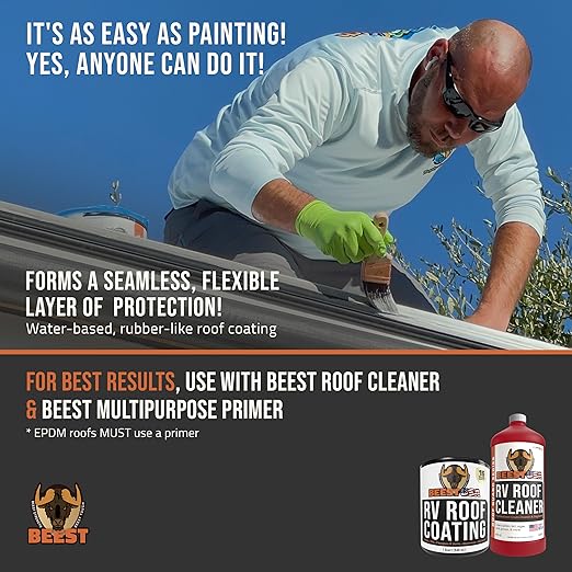 BEEST RV Roof Coating White, 32 Oz Covers up to 12.5 sq ft (2 Coats), Solar Reflective & Waterproof Sealant| Elastomeric Leak Repair Coating, Liquid Rubber RV Roof Sealant for Trailers, Camper & More