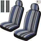 Baja Saddle Blanket Car Seat Covers Front Set with Seat Belt Pads, Washable Breathable Striped Woven Cloth Seat Covers for Cars, SUV, Truck, Airbag Compatible(Blue)