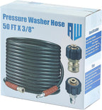 RIDGE WASHER Pressure Washer Hose 50 Feet X 3/8 Inch for Hot and Cold Water, 2-Wire Steel Braid Hose (R2), 3/8 Inch Quick Connect, 6000 PSI