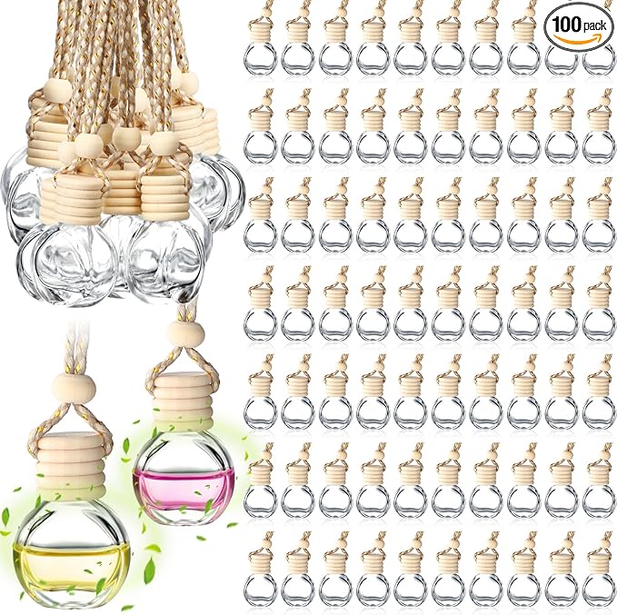 Inbagi 100 Pcs 10ml Car Hanging Perfume Bottle Car Air Freshener Empty Glass Diffuser Bottles Hanging Fragrance Perfume Pendant Refillable Aromatherapy Essential Oils Bottle Auto Ornaments Decor