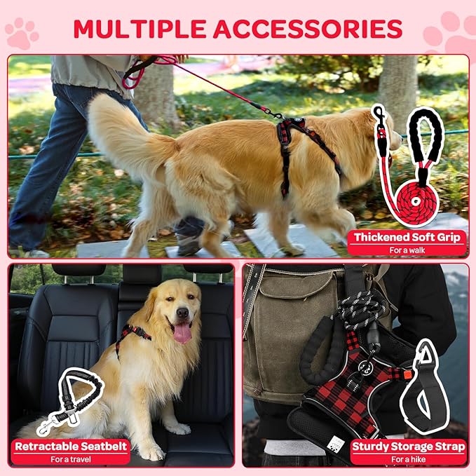 FURRYFECTION Plaid Dog Harness for Large Dogs, Reflective No Pull Adjustable Pet Vest with Front Clip, Leash, Easy Control Handle and Seat Belt, Red&Black, XL