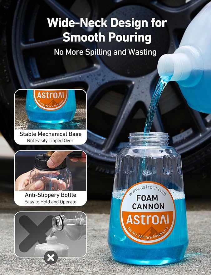 AstroAI Foam Cannon for Pressure Washer, Snow Clear Foam Cannon, Wide Neck Foam Blaster Adjustable Nozzle for Car Wash Accessories, with 1/4 Inch Quick Connector, 1 L Clear Bottle