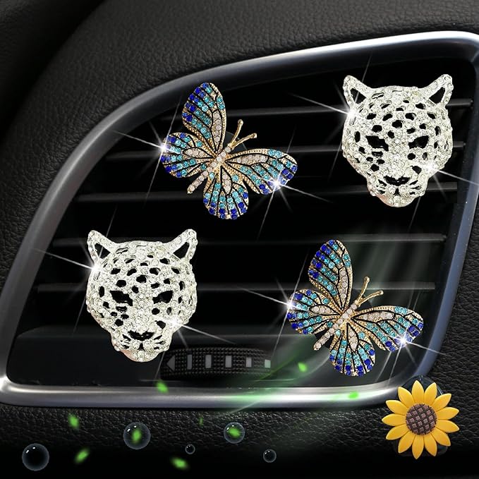 4 Pcs Blue Butterfly and Silver Leopard Head Air Vent Clip Accessories Air Conditioning Outlet Clip Car Air Freshener Dashboard Accessories Charm Car Inter Decor Cute Interior Accessories for Women