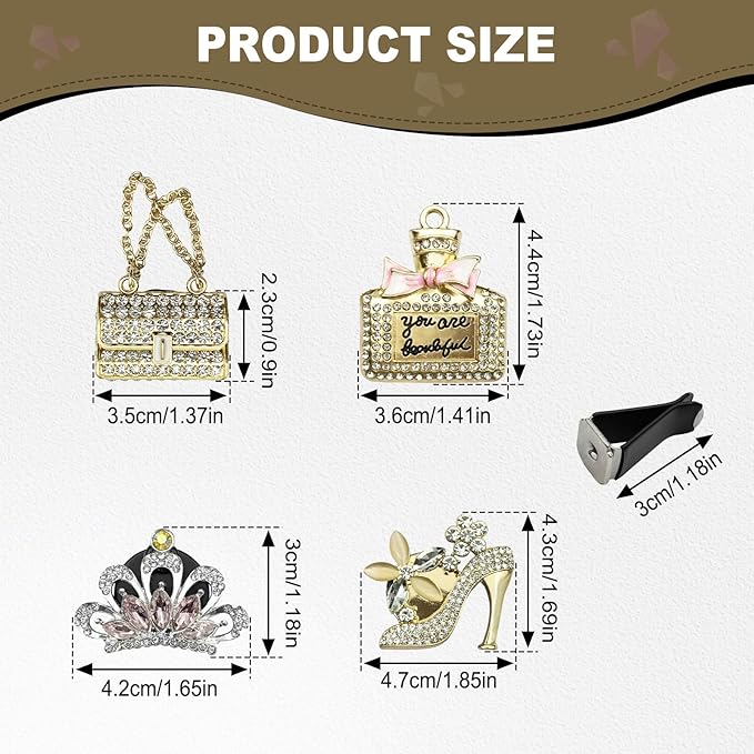 4PCS Bling Air Freshener Vent Clip, Crystal Rhinestone Heels Bag Crown Perfume Bottle Dashboard Air Vent Trim Clips, Cars Accessories Interior Decor (Gold)